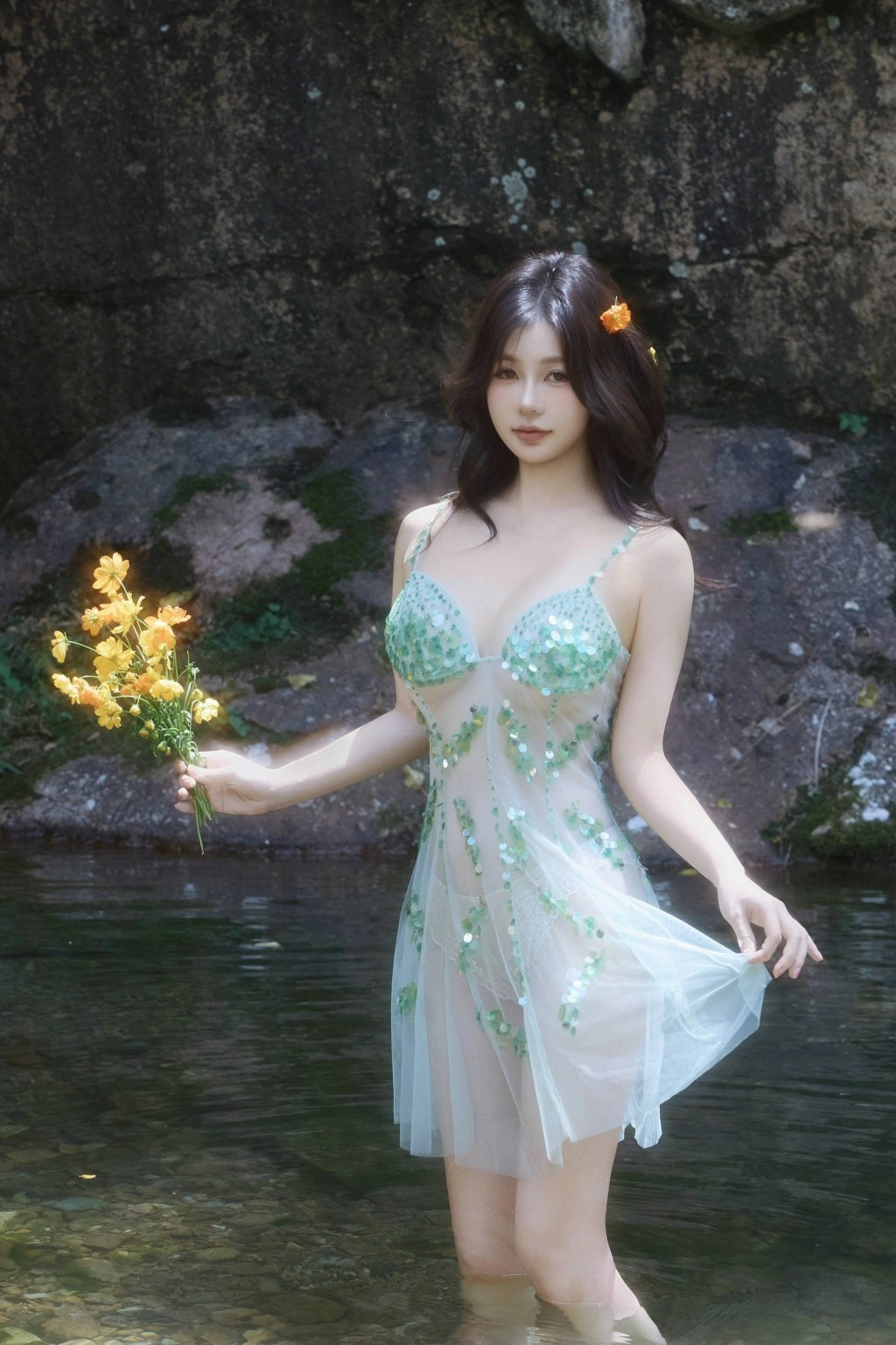 秀人网 尹甜甜 溪畔薄纱裙性感魅惑写真